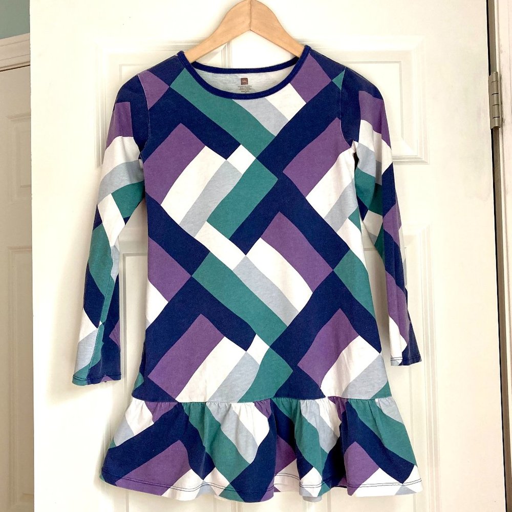 Tea brand girls dress turquoise, purple, and dark blue geometric print, size 10